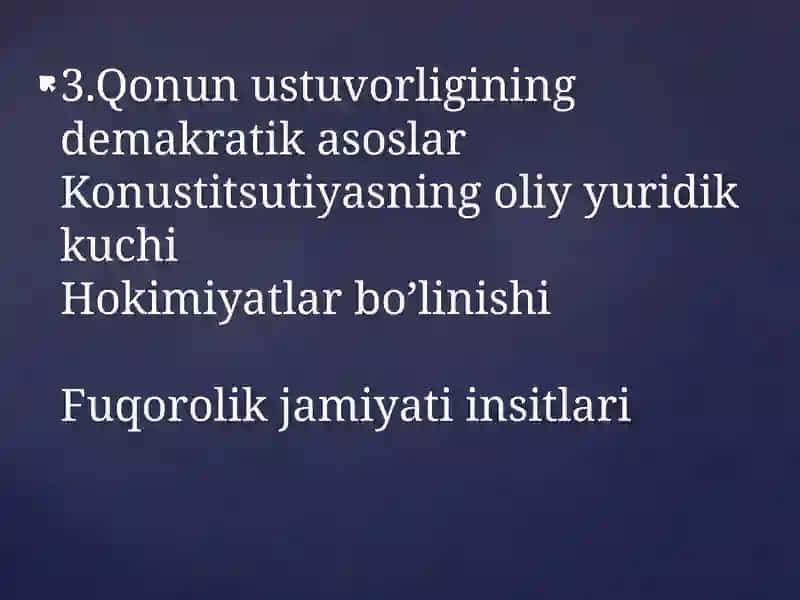 O’zbekistonda qonunustuvorligini ta’minlashning demakratik asoslari. Korupsiya va unga qarshi kurashishning mazmun mohiyati 4