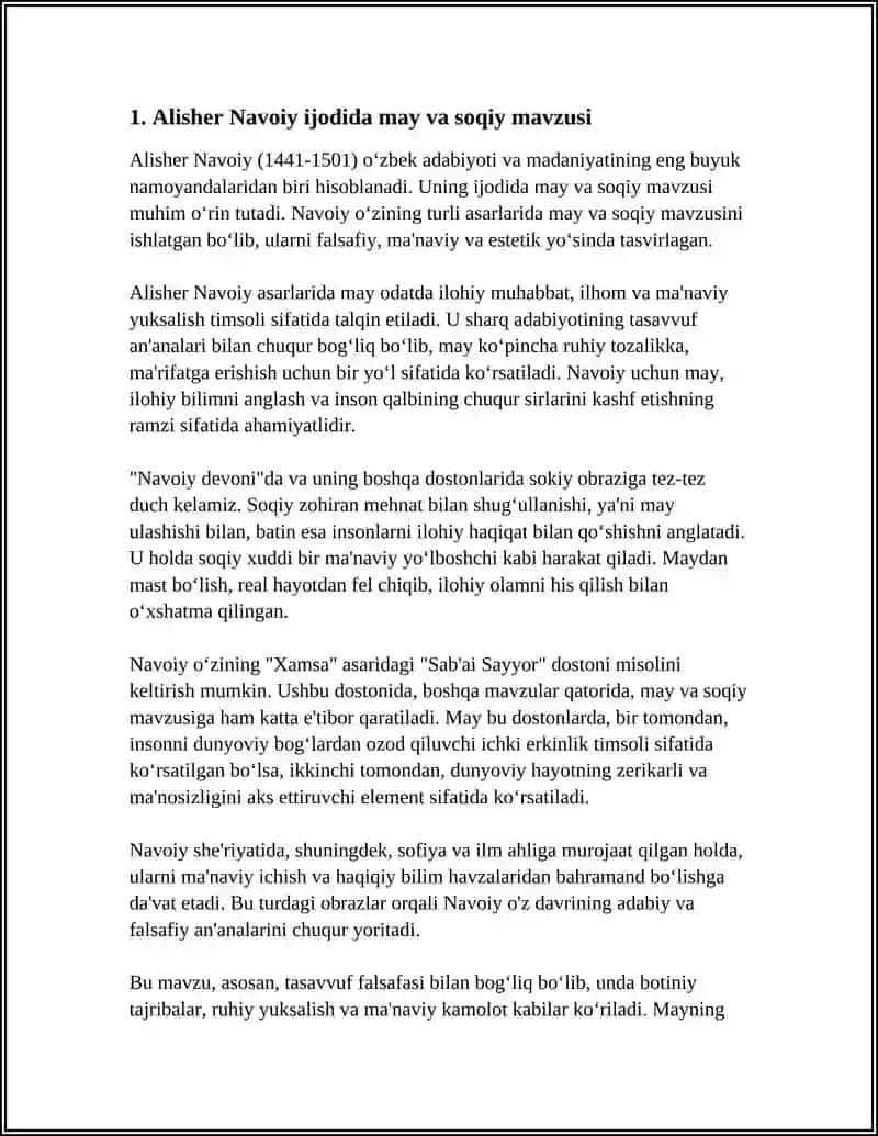 ALISHER NAVOIY, AHMAD YASSAVIY, ZAHIRIDDIN MUHAMMAD BOBUR SHE'RIYATIDA MAY, SOQIY, TARSO, JOM, XAROBOT TIMSOLARI KELTIRILGAN BAYTLARNI TO'PLASH VA TAHLIL QILISH 4