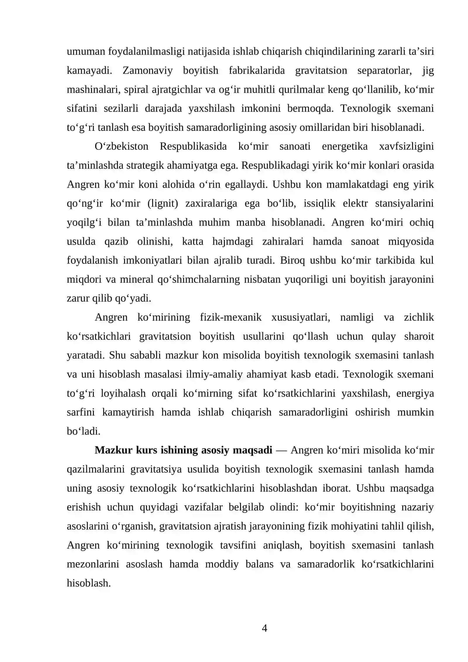 Koʼmir qazilmalarini gravitatsiya usulida boyitish texnologik sxemasini tanlash va hisoblash (Angren koʼmiri misolida) 4
