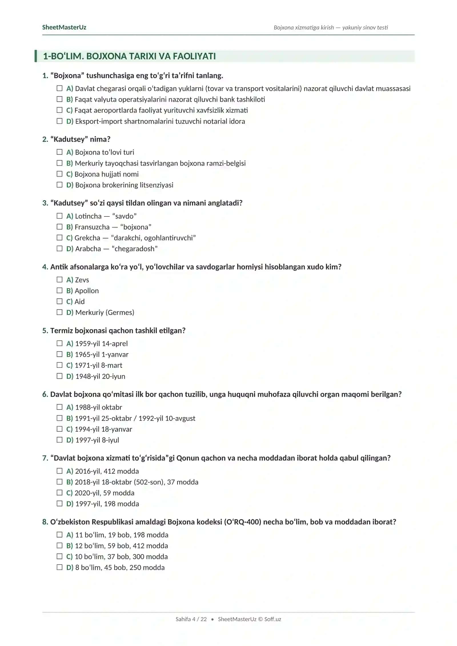 Bojxona xizmatiga kirish testi — 106 ta ko'p tanlovli savol (A, B, C, D), javoblar kaliti bilan | SheetMasterUz 4