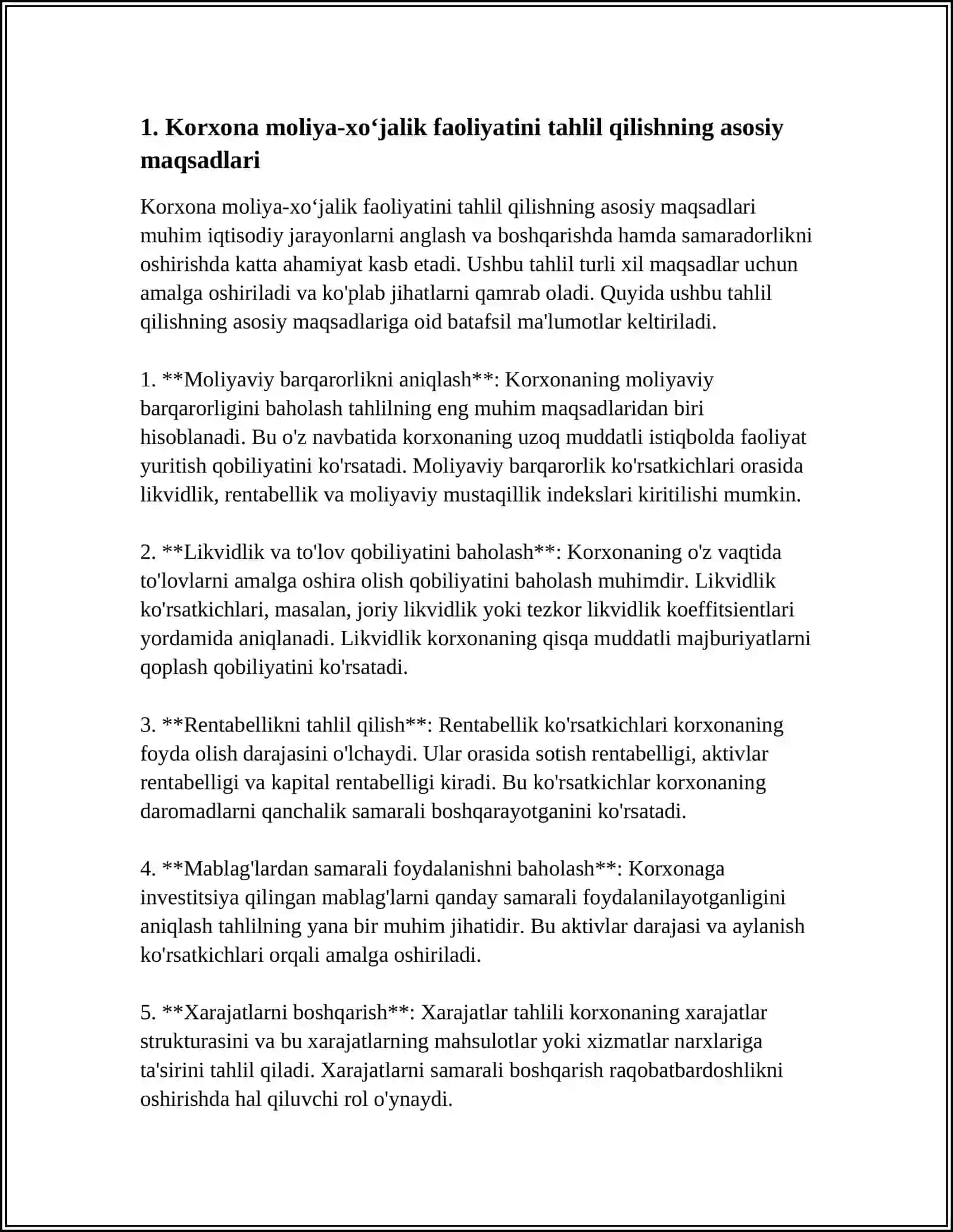 KORXONA MOLIYA-XOʻJALIK FAOLIYATNI TAHLIL QILISHNING MOHIYATI VA AHAMIYATI 4