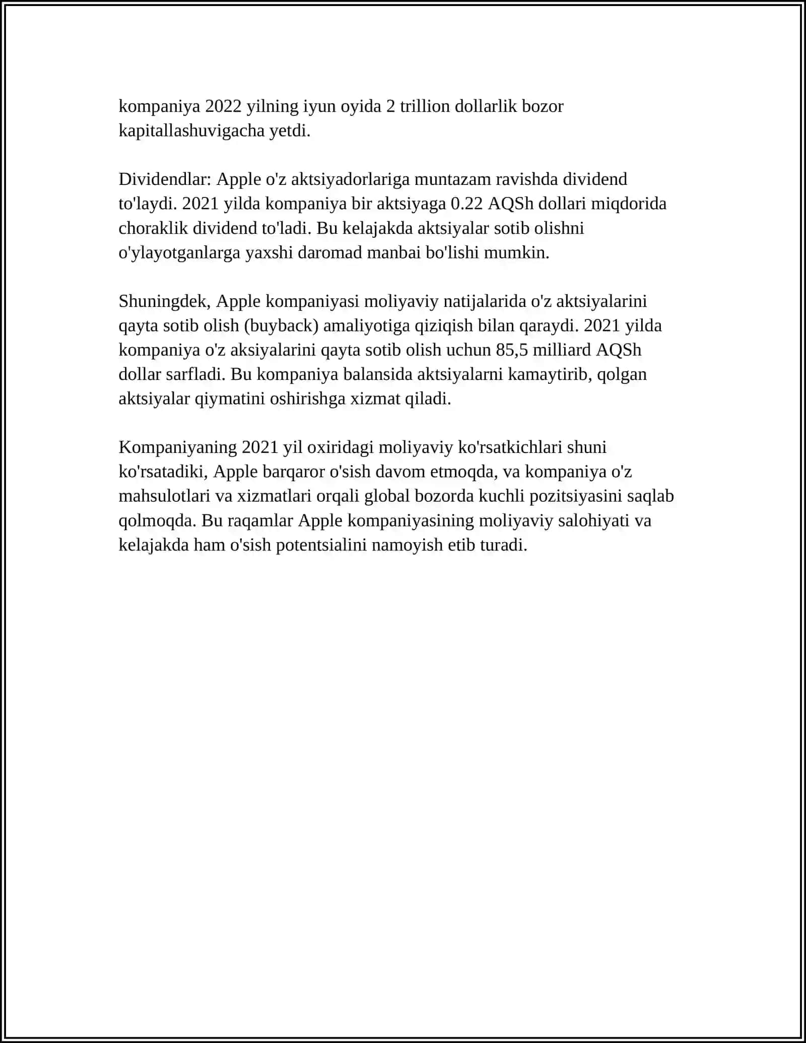 APPLE KOMPANIYASI HAQIDA IQTISODIY MAʼLUMOTLAR 4
