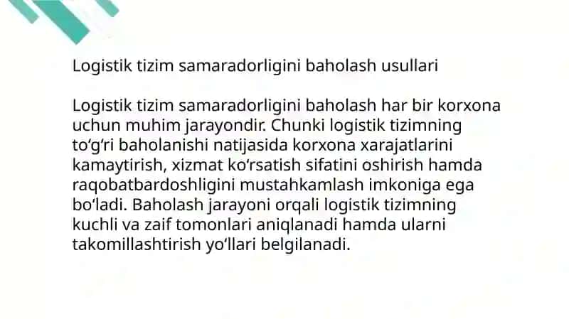 Logistik tizim faoliyat yuritilishini baholash 4