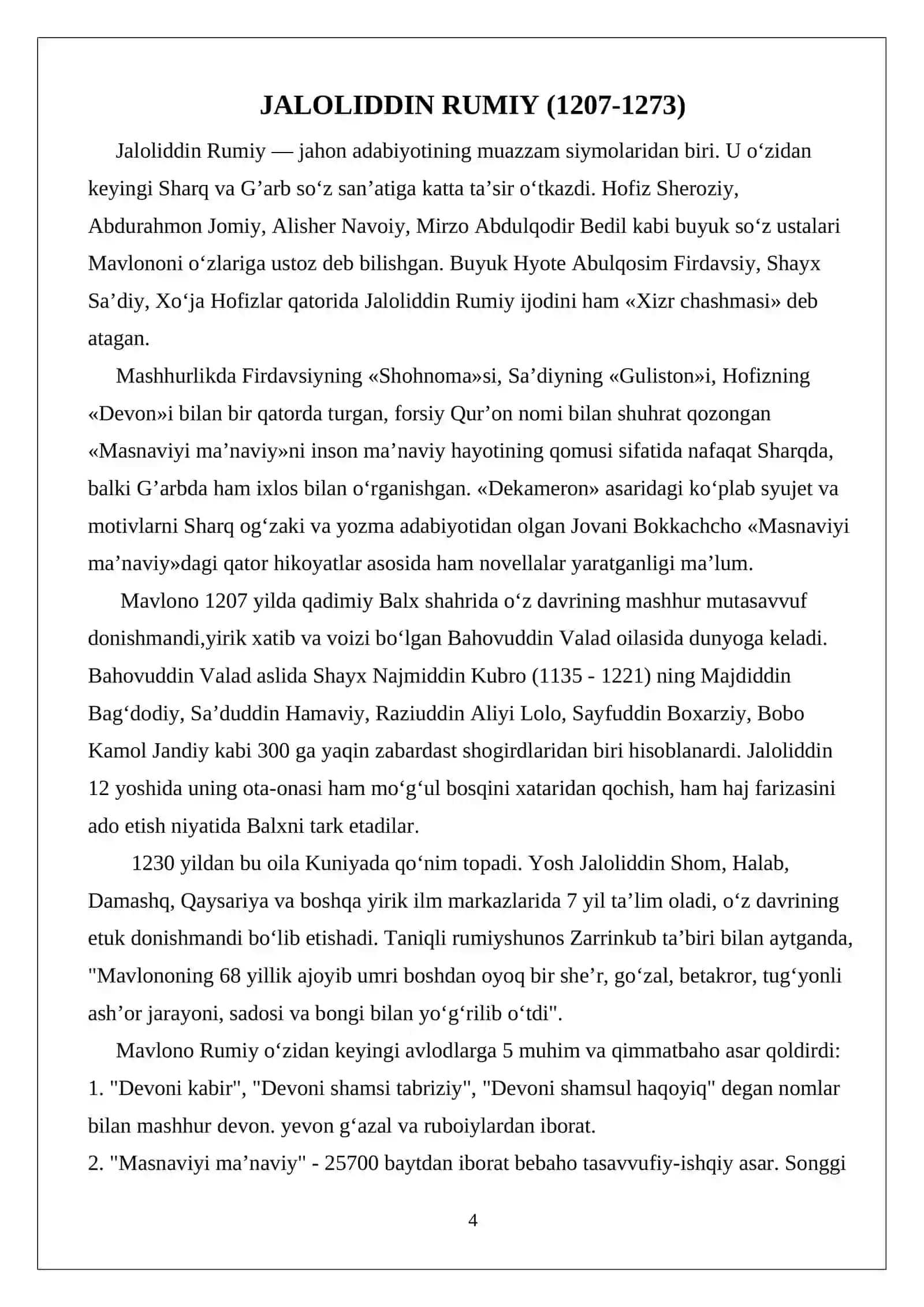 MUSTAQIL ISH, J.Rumiyning “Ovchi va lochin” rivoyatining mohiyati va uning tarbiyaviy ahamiyatini tahlil etish 4