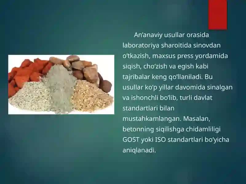 Qurilish materiallari fizik-mexanik xossalar aniqlash, yangi uslublari 4