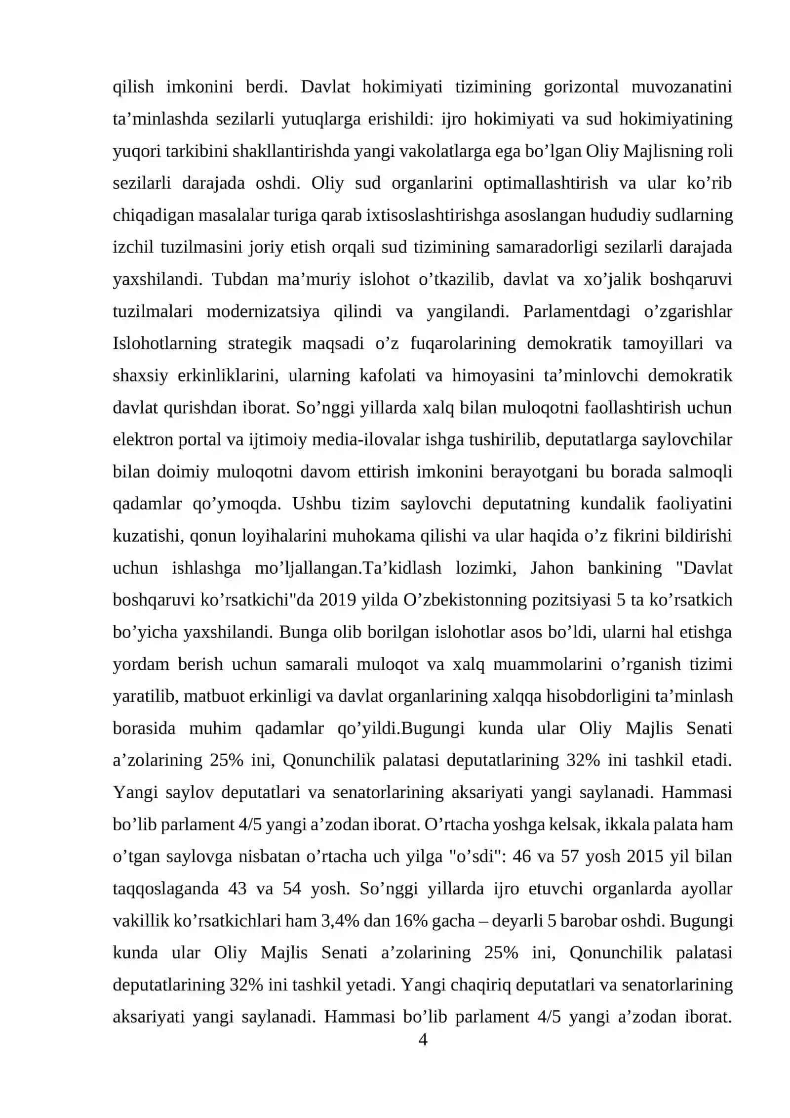 O’zbekistonda davlat hokimiyati va boshqaruvni demokratiyalashtirish jarayonlarining o’ziga xosligi 4