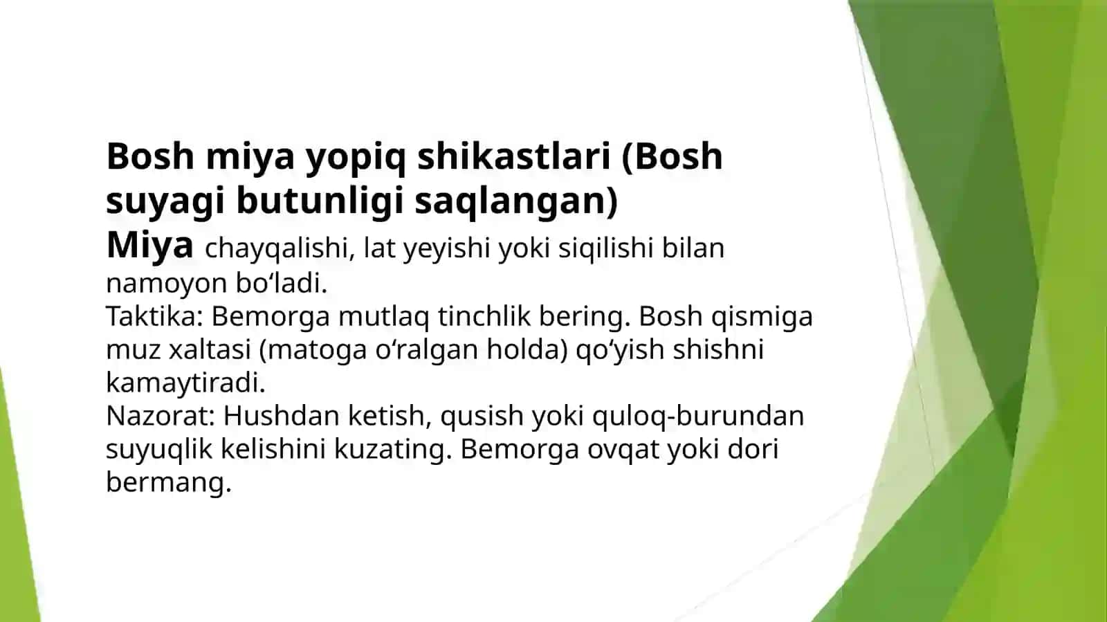 Birinchi Yordam: Kuyish, Sovuq Urishi va Bosh, Ko'krak Qafasi, Qorin Shikastlari | First Aid PPT 4