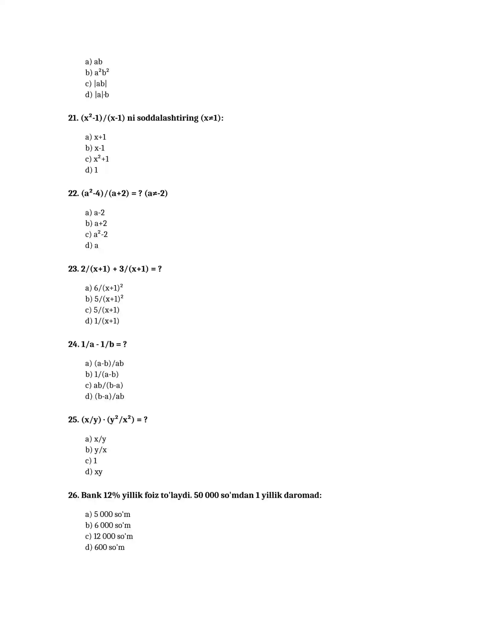 8-SINF MATEMATIKA FANI BO'YICHA TEST SAVOLLARI 4