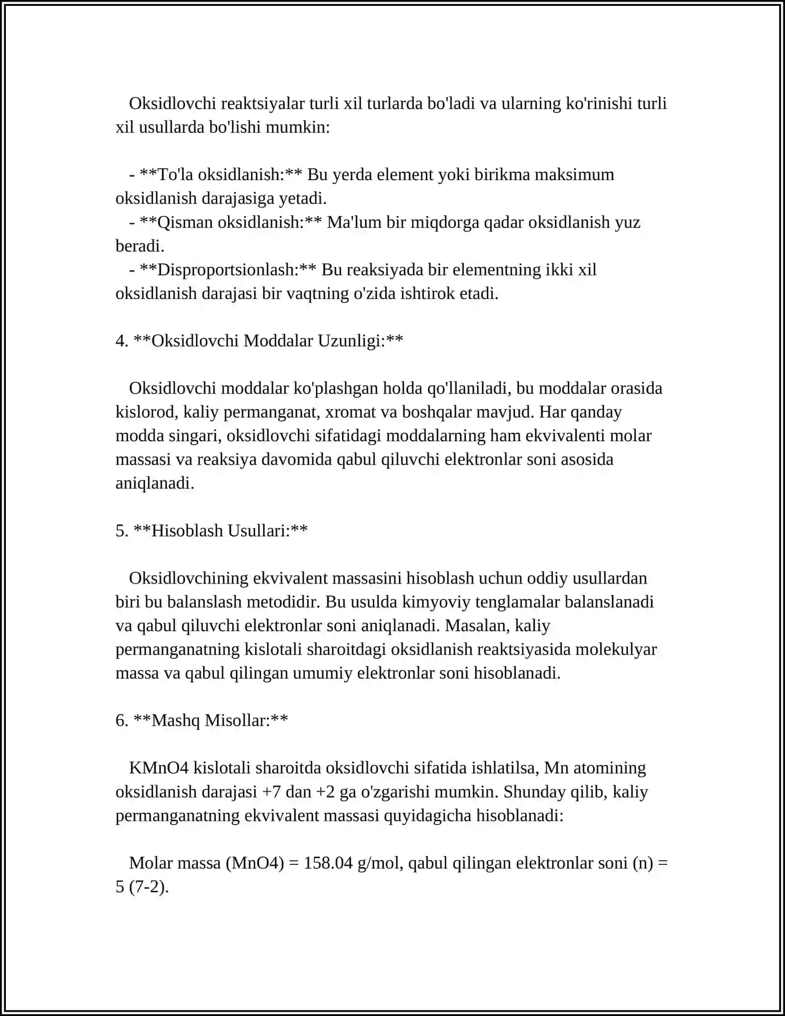 OKSIDLOVCHI VA QAYTARUVCHINING EKVIVALENT MASSASINI ANIQLASH 4