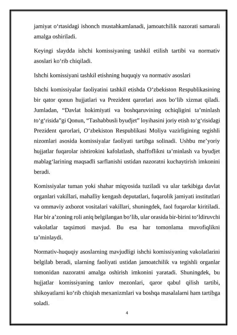 Jamoatchilik fikri asosida tadbirlarni shakllantirish, baholash, tanlab olish hamda ijrosini monitoring qilish bo‘yicha ishchi komissiyaning tarkibi va funksiyalari 4