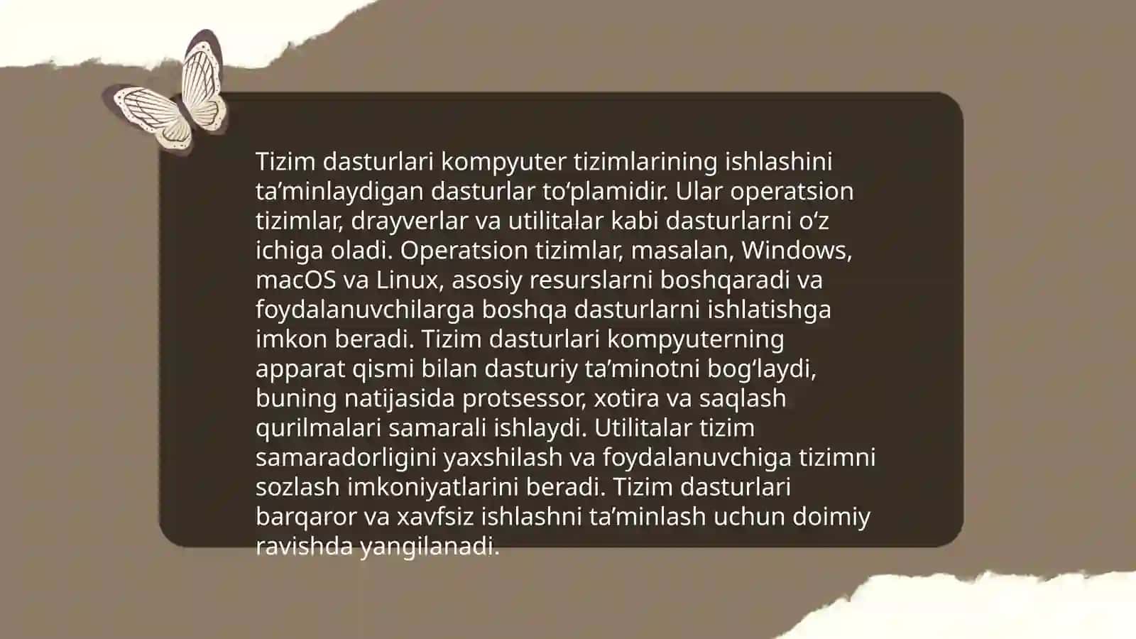 Dastur turlari.OT turlari.Windows OT obyektlari.Windows operatsion tizimni komputerga oʻrnatish (Instalizasiya qilish). Operatsion sistemaning boshqa turlari 4