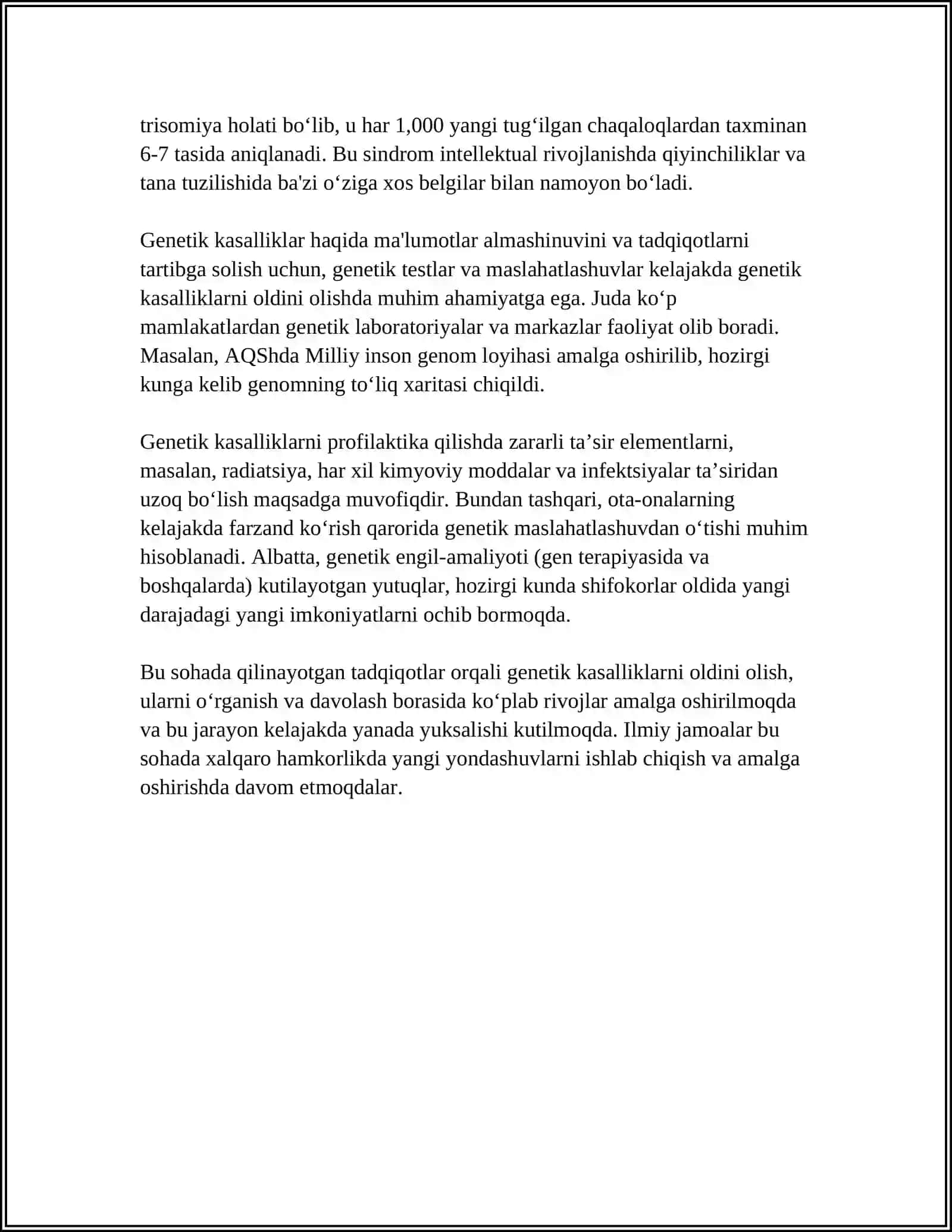 MUSTAQIL ISH Mavzu: IRSIY KASALLIKLAR. XRAMASOMA KASALLIKLARI, GEN VA IRSIYATGA MOYIL KASALLIKLAR 4