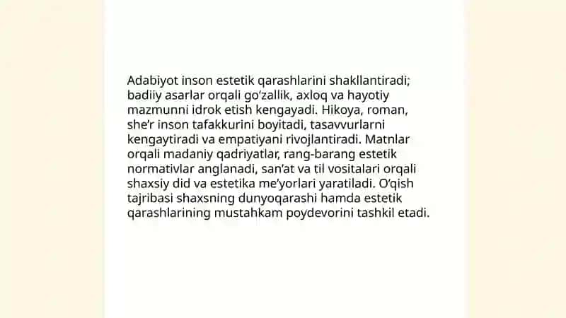 Badiiy asarlarining dunyoni estetik idrok etishda roli 4
