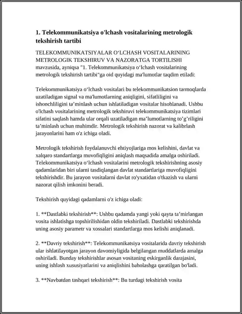 TELEKOMMUNIKATSIYALAR O'LCHASH VOSITALARINING METROLOGIK TEKSHIRUV VA NAZORATGA TORTILISHI 4
