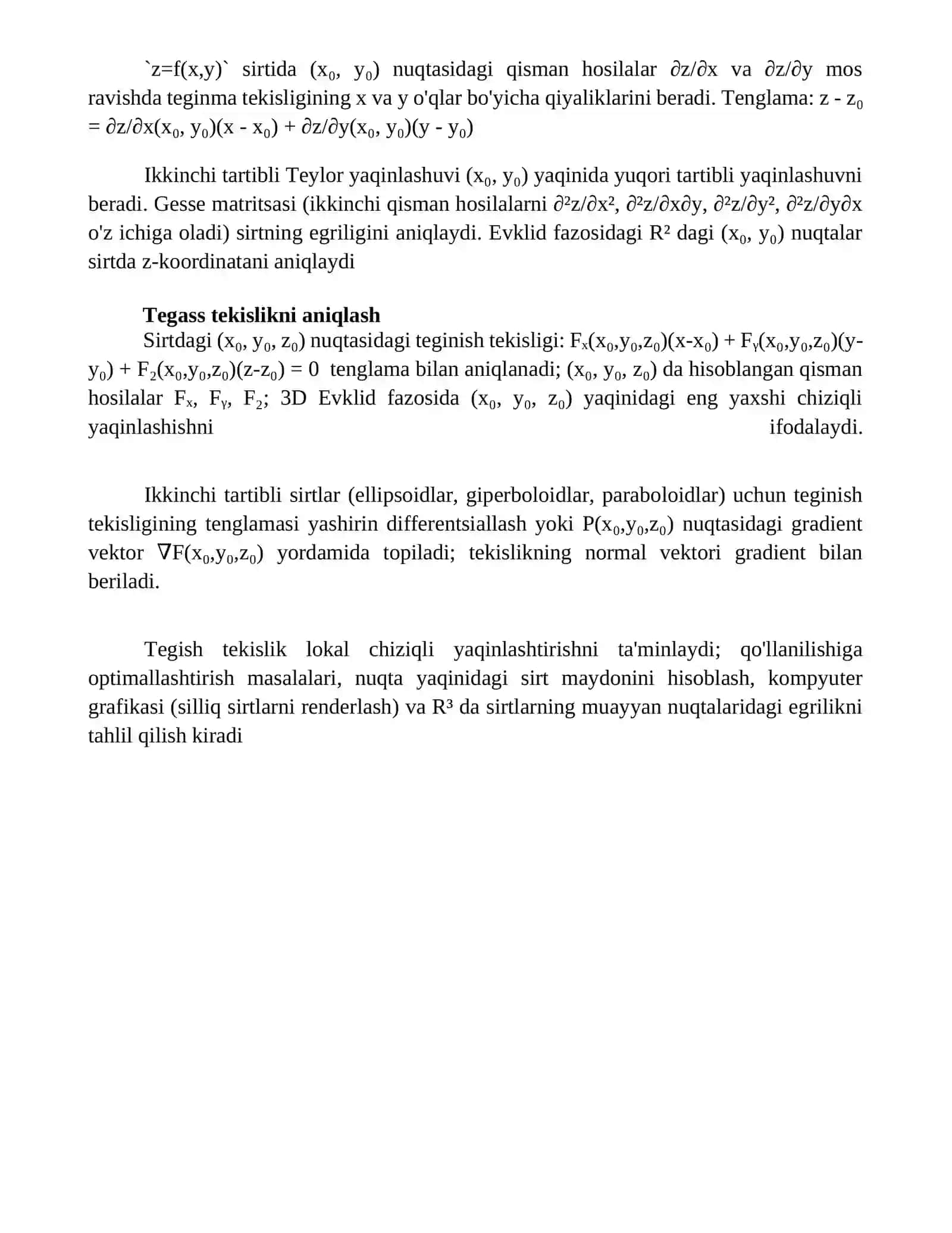 Ikkinchi tartibli sirtlarning urinma tekisligi 4