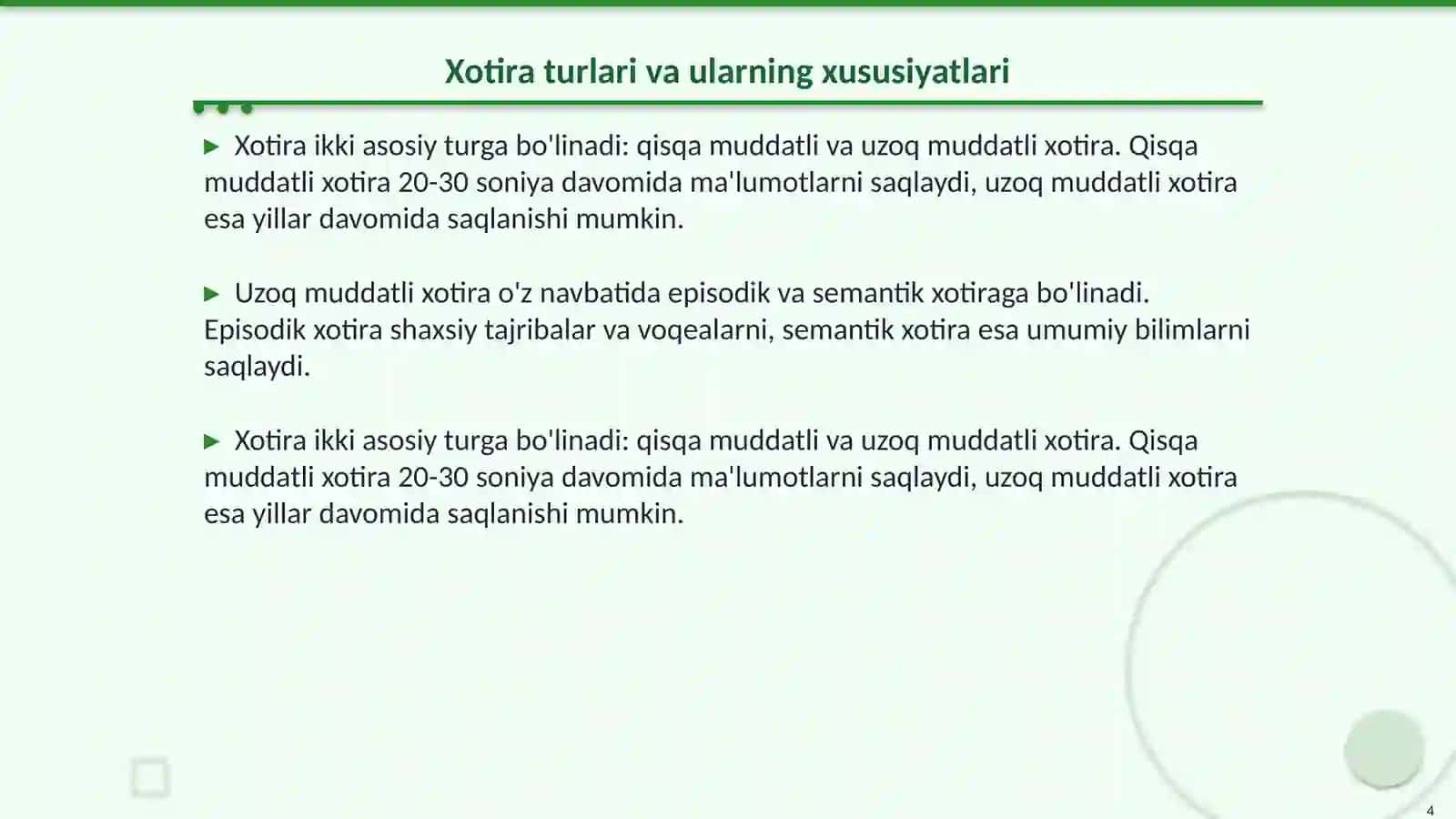 Xotira: ma'lumotlarni mustahkamlash yo'llari, usullari, vositalari 4