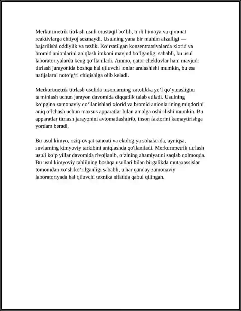 MERKURIMETRIK TITRLASH USULLARI. XLORID VA BROMIDLARNI ANIQLASH 4