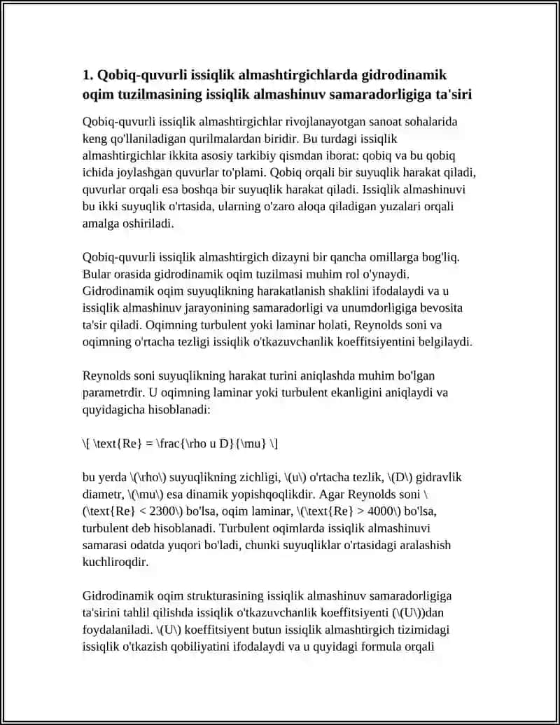 Qo‘biq quvurli issiqlik almashinish qurilmalaridagi issiqlik almashinish samaradorligini gidrodinamik parametrlariga ta'siri 4