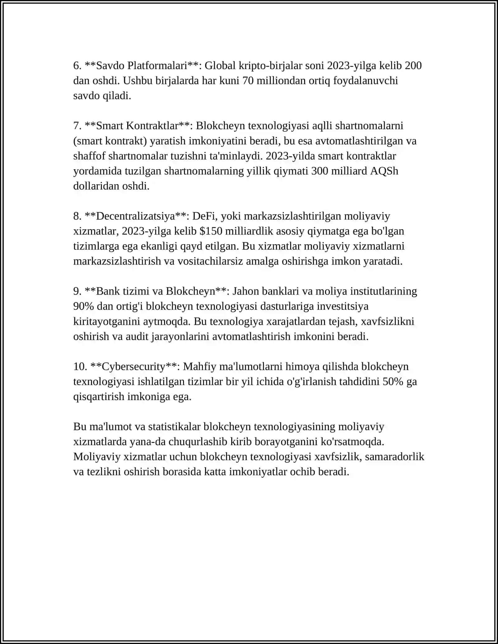 BLOKCHEYN TEXNOLOGIYASIDAN TURLI TARMOQ SOHALARIDA FOYDALANISH XUSUSIYATLARI 4