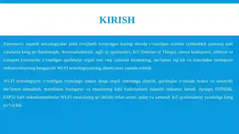 O'RNATILGAN TIZIMLARDA WI-FI TEXNOLOGIYASI KURS ISHI 4