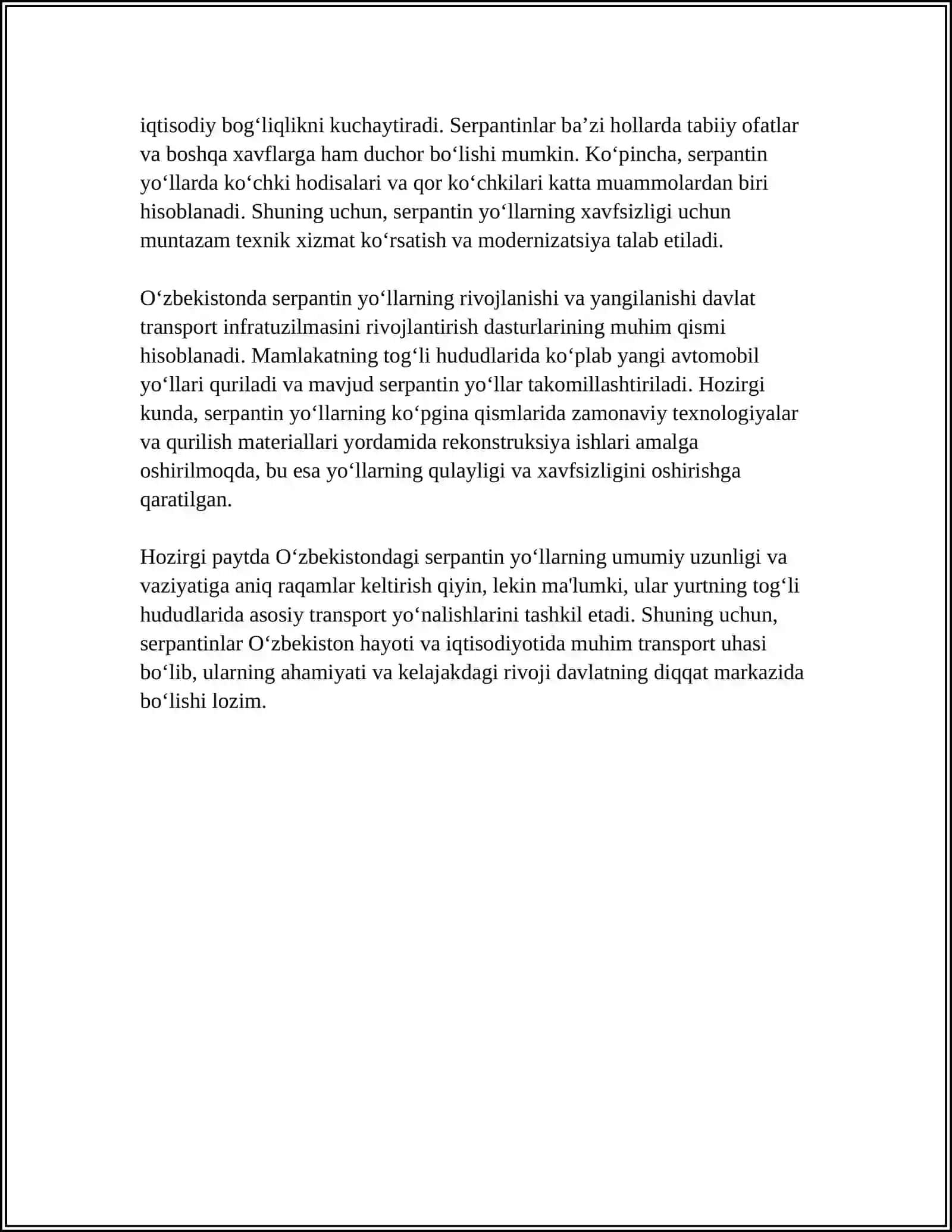OZBEKISTON AVTOMOBIL YOʻLLARIDAGI SERPANTINALARINI TAHLILI 4
