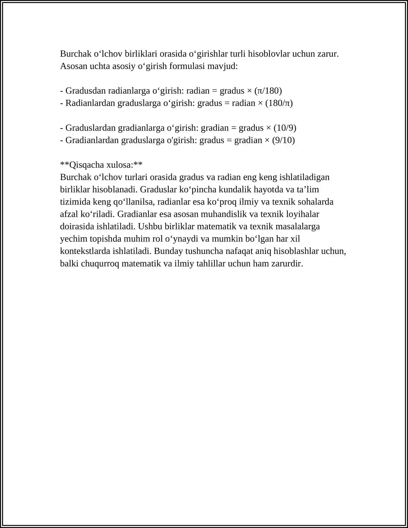 Burchak Oʻlchovlari Turlarini Oʻrganish va Har Bir Oʻlchov Turning Qoʻllanilish Sohasini Aniqlash 4