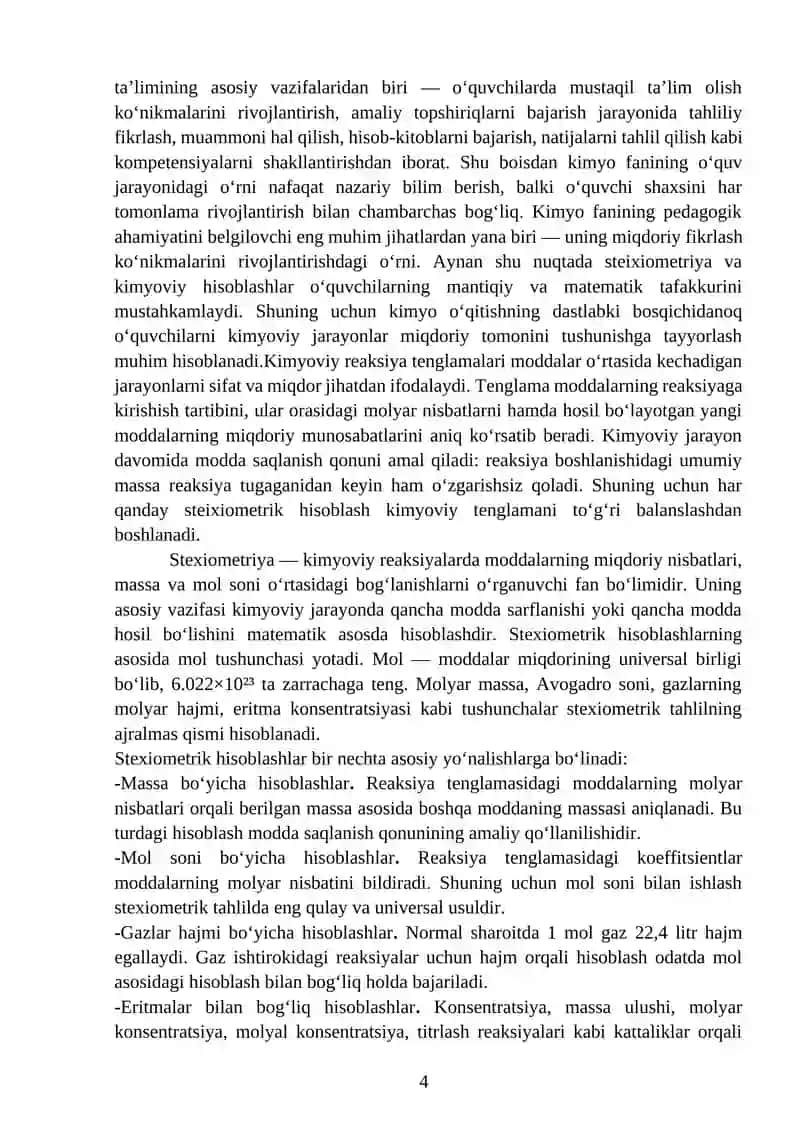 Kimyoviy reaksiya tenglamalari asosida stexiometrik hisoblash usullari 4
