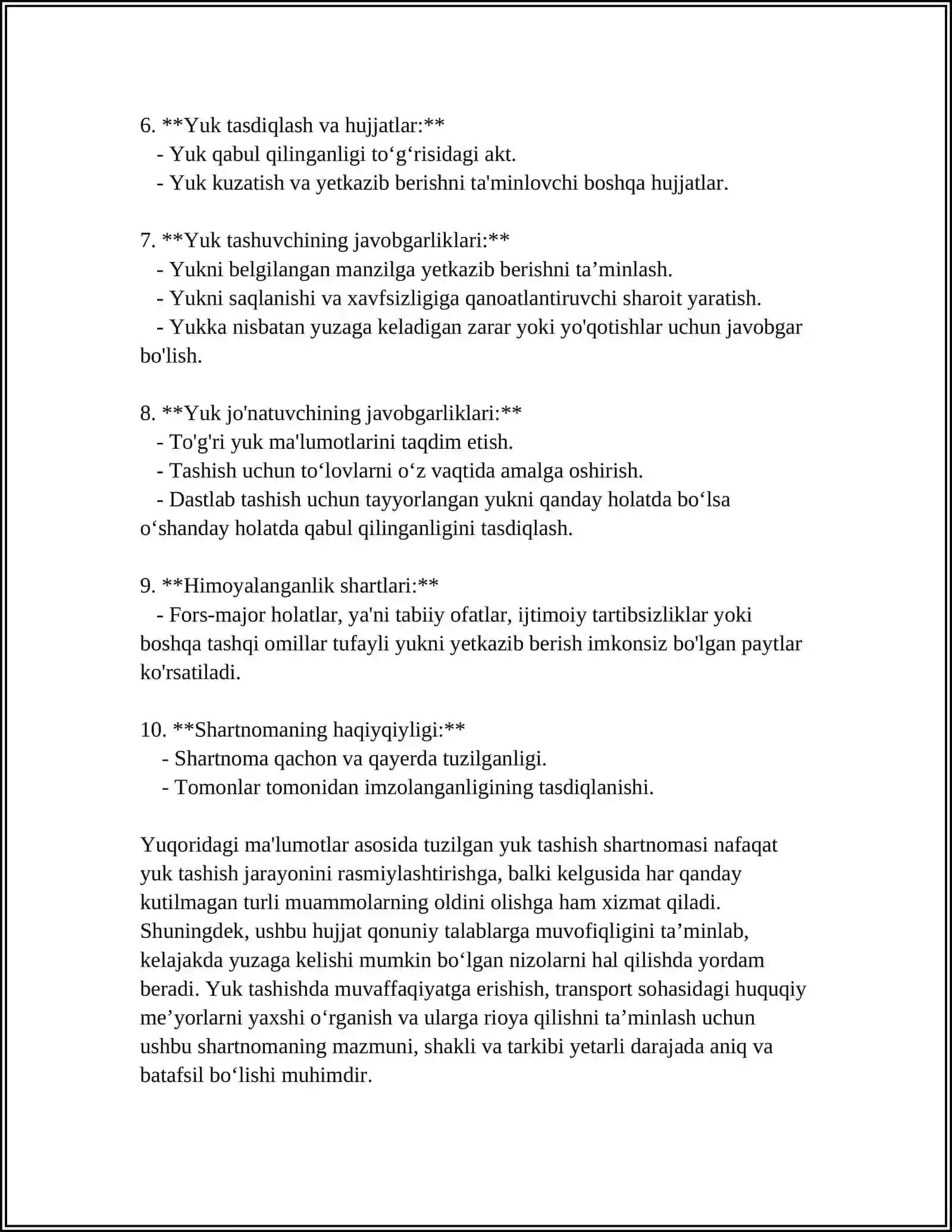MUSTAQIL ISH Mavzu: YUK TASHISH SHARTNOMASINING YOZMA SHAKLDA YUKXATINI TUZISH 4
