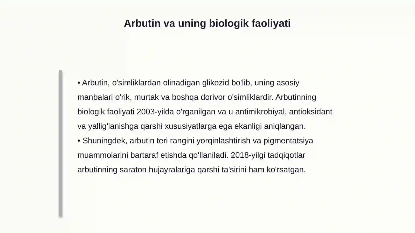 Dorivor o'simliklar mahsuloti tarkibida arbutinni miqdorini aniqlash usuli. Lignanlarning zamonaviy tasnifi 4