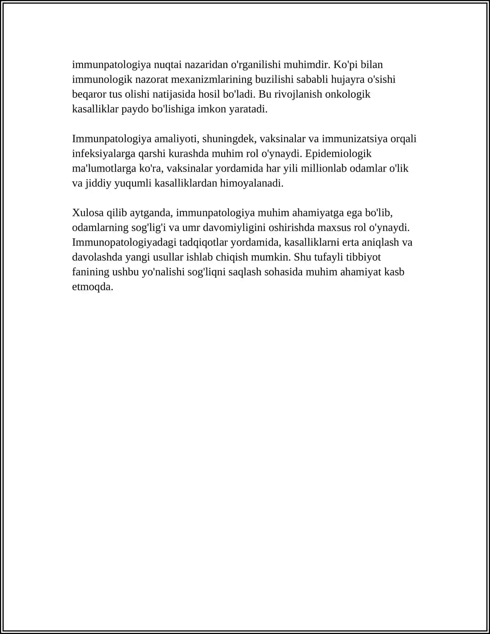IMMUNOPATOLOGIYA UNING OʼSMA HUJAYRALARI KELIB CHIQISHIDAGI AHAMIYATI MUSTAQIL ISH 4