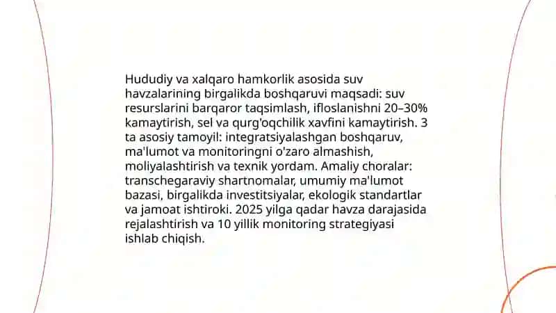 Tabiatni muhofaza qilish faoliyatini takomillashtirish va tabiiy muhitning transchegaraviy ifloslanishining oldini olish bo’yicha mintaqaviy va xalqaro hamkorlikni rivojlantirish 4