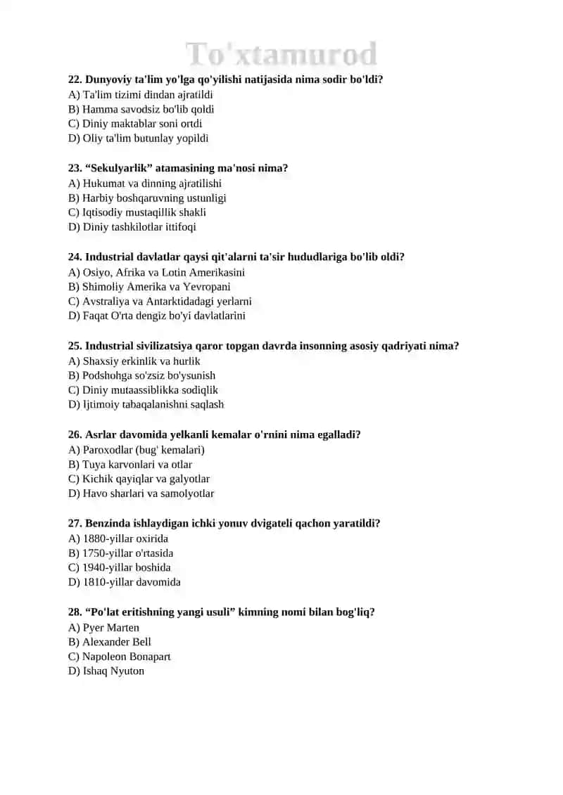 🏛️ Tarix fanidan FABIU uchun mavzulashtirilgan testlar to‘plami 📚🧠 4