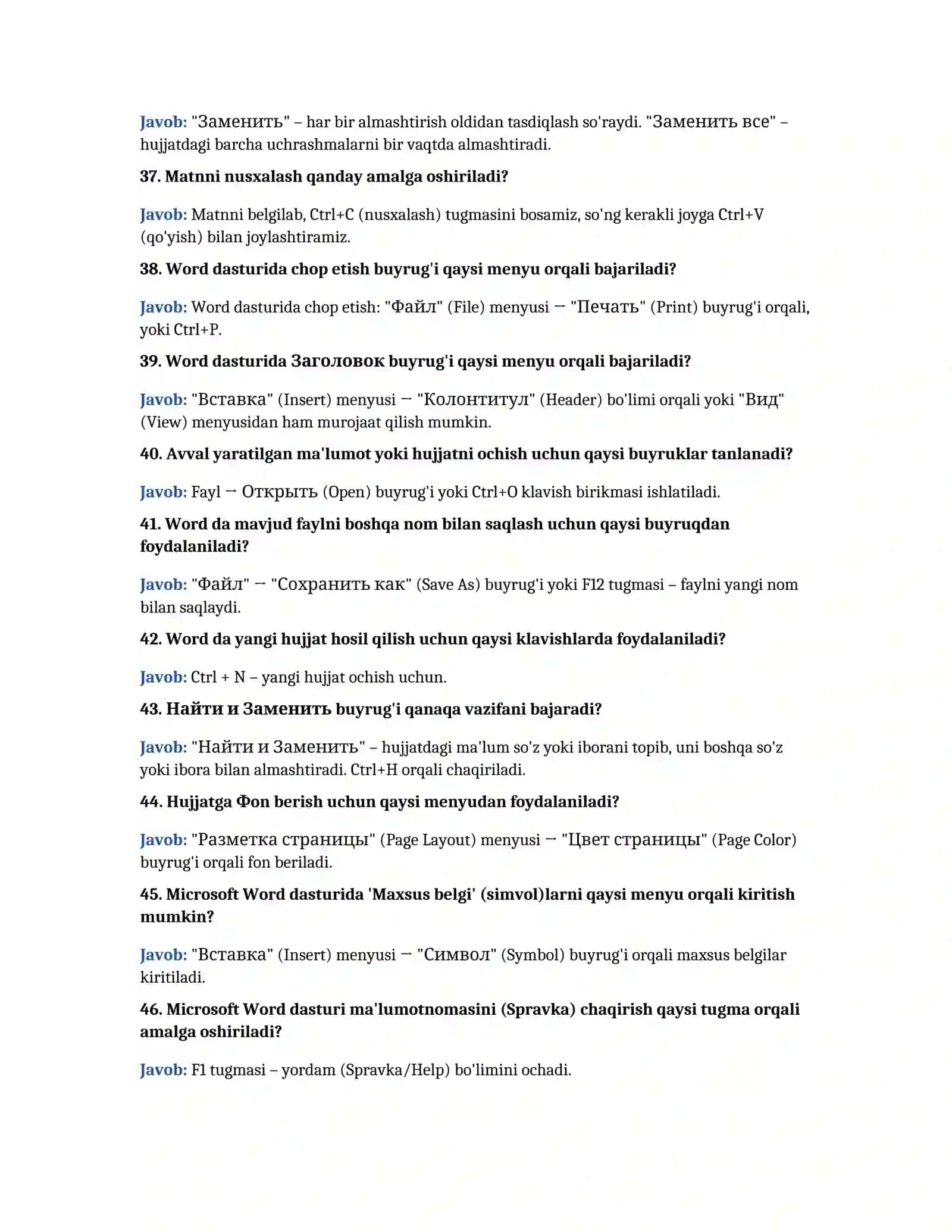 Informatika fanidan savol va javoblar 4