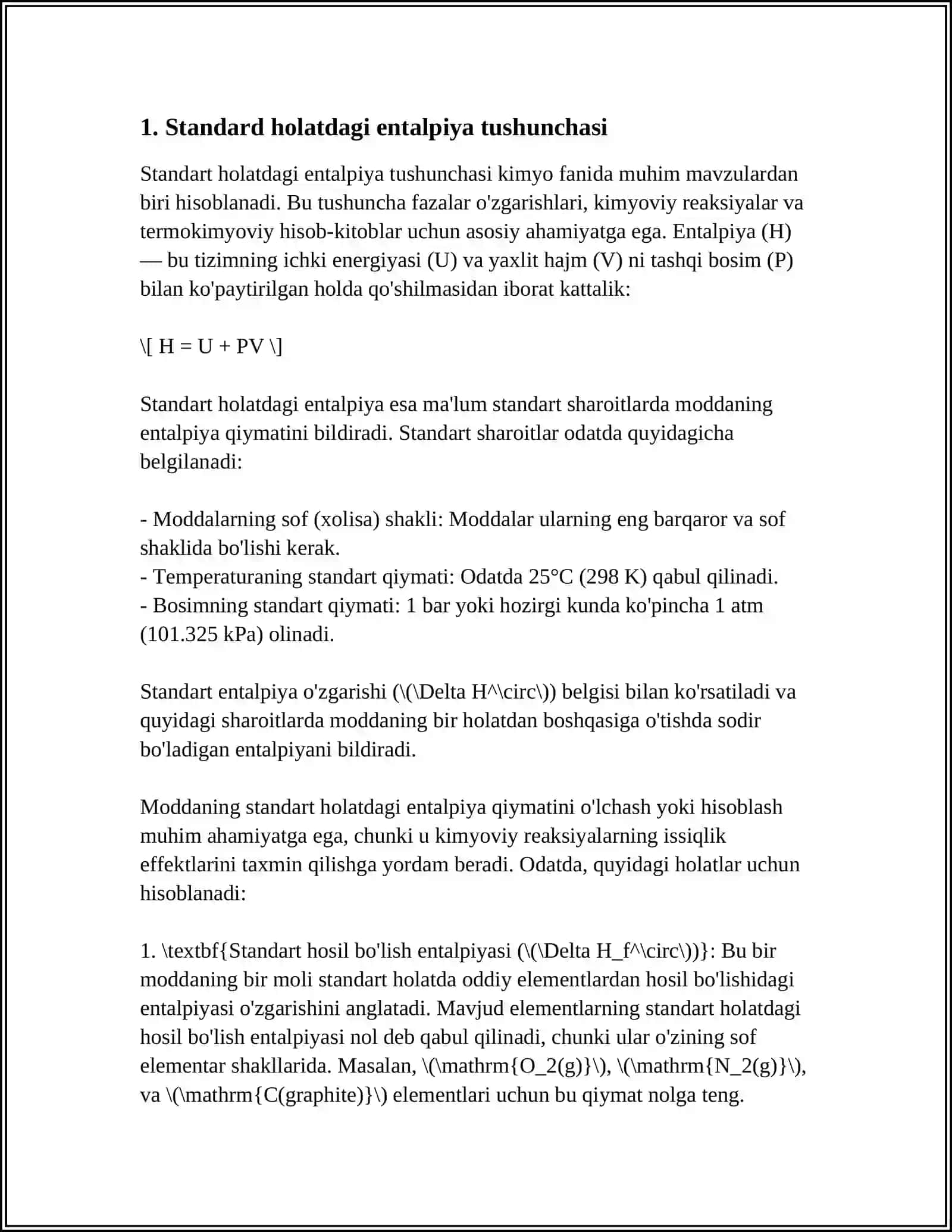 STANDART HOLATDAGI STANDART HOSIL BO'LISH ISSIQLIGI HAQIDAGI TUSHUNCHA. GIBBS ENERGIYASINI O'ZGARISHI VA REAKSIYANING YO'NALISHI. GELMGOLSNING ERKIN ENERGIYASI 4