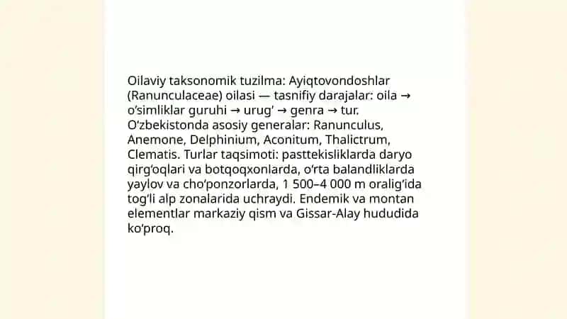 O'zbekiston florasida Ayiqtovondoshlar - (Ranunculaceae) oilasi 4