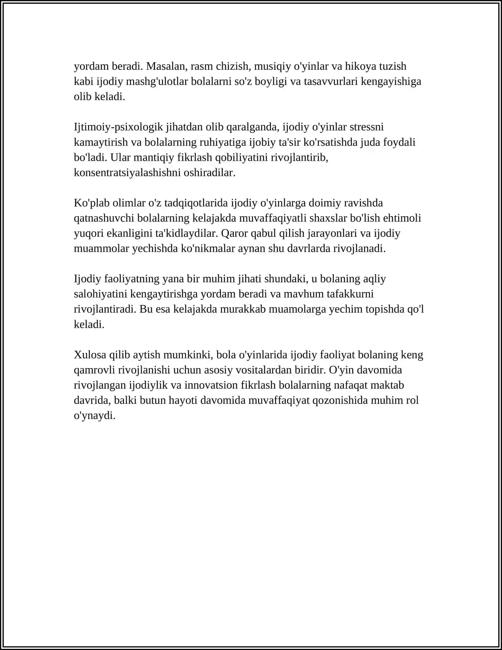 BOLALARNING OʻYIN VA FAOLIYATLARINING IJODIY FAOLIYATIDA FANTAZIYANING AHAMIYATI. XOTIRA OʻQISH FAOLIYATIDA RIVOJLANTIRISHNING VAZIFALARI VA UNING SHART SHAROITLARI 4
