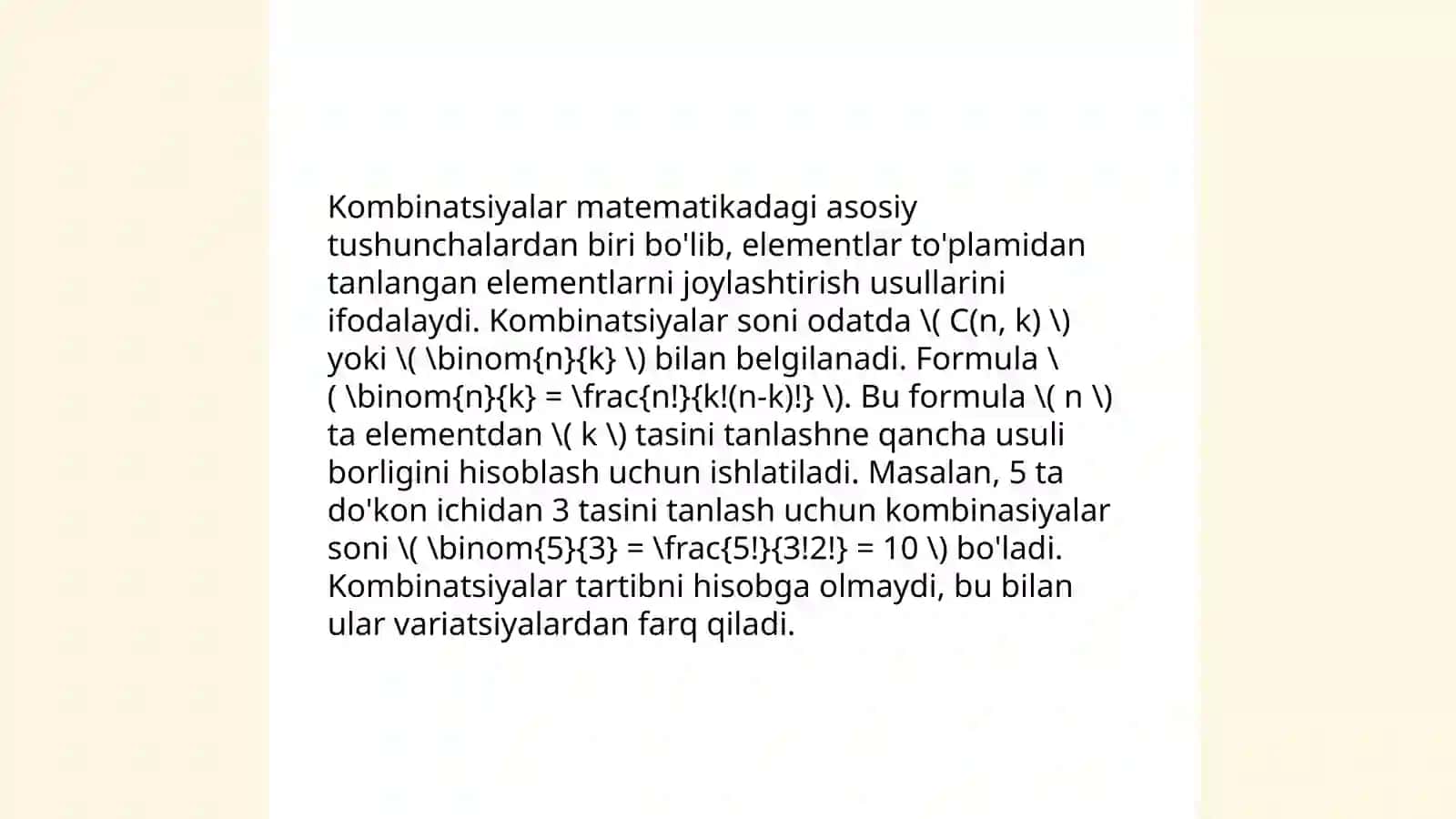 Kombinatorika mavzusidagi formulalar yordamida yechiladigan masalalar tuzish 4