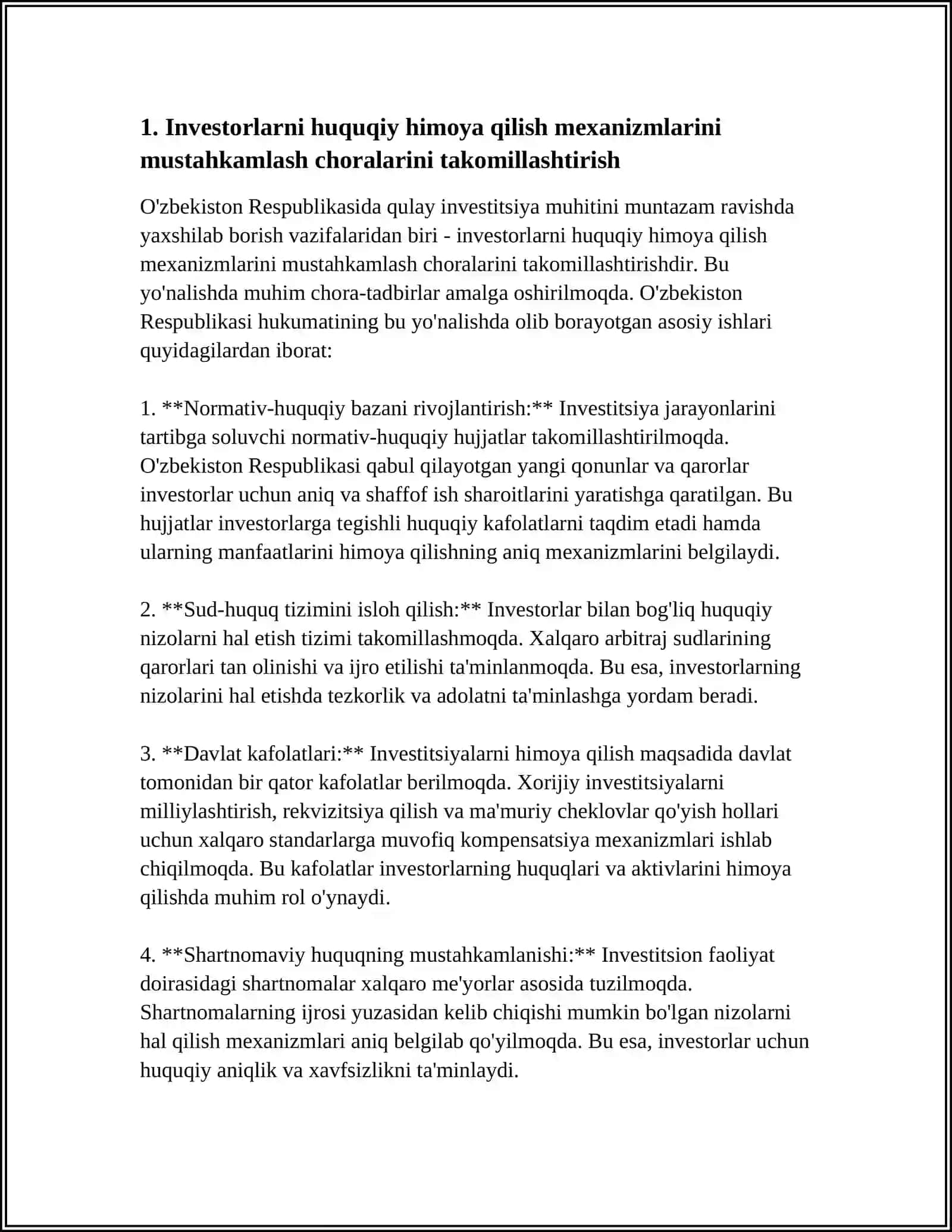 O'ZBEKISTON RESPUBLIKASIDA QULAY INVESTITSIYA MUHITINI MUNTAZAM RAVISHDA YAXSHILAB BORISH VAZIFALARI 4