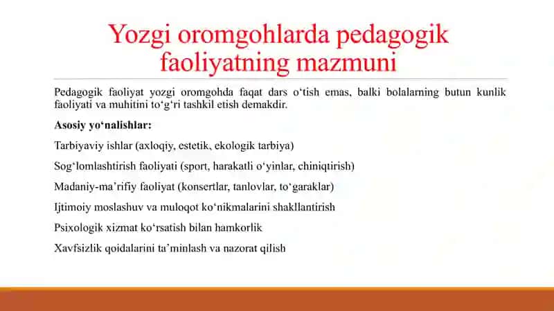 YOZGI DAM OLISH OROMGOHLARIDA PEDAGOGIK FAOLIYAT 4
