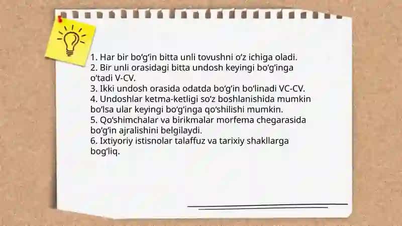 Urg‘u. So‘zni bo‘g‘inlarga ajratish. Cho‘ziqlik va qisqalik qoidalari. Ot. Otning gramatik kategoriyalari, lug‘at shakli haqida tushuncha, otlarning turlaniahi negizini aniqlash. Moslashmagan aniqlovchi ishtirokida anatomik terminlar 4