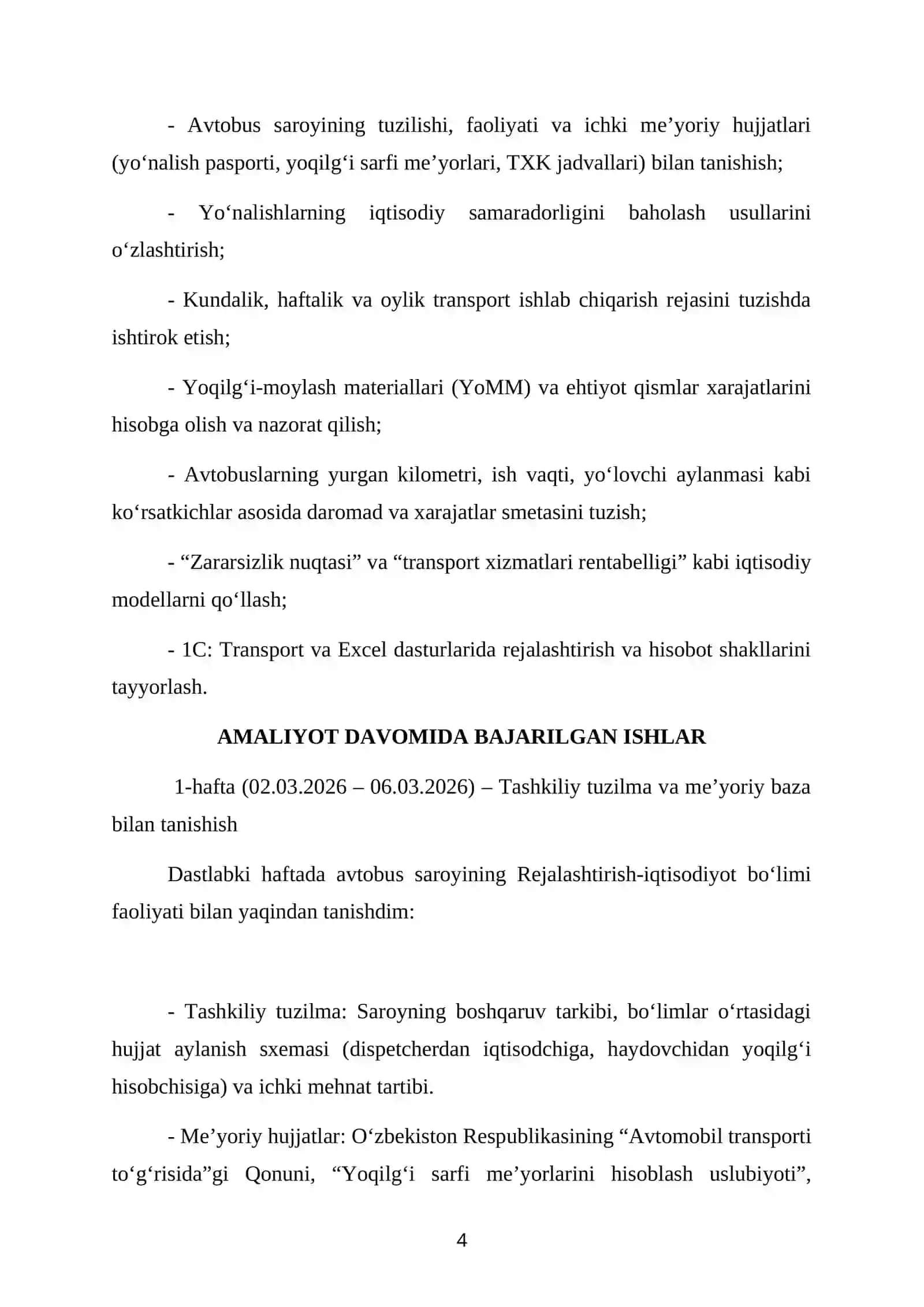 “AVTOBUS SAROYI” MCHJDA OʻTAGAN MALAKAVIY AMALIYOTI HISOBOTI 4