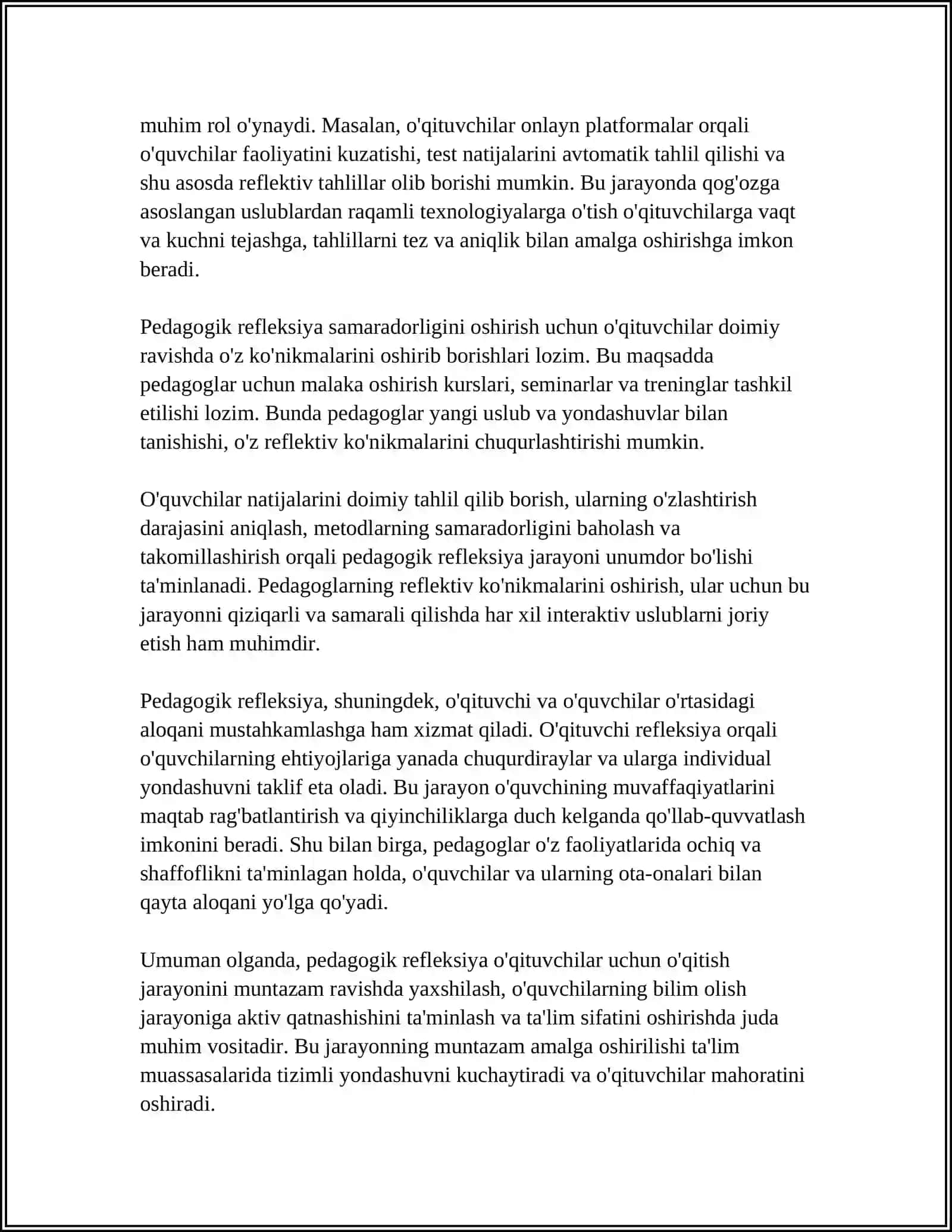 O'QITUVCHINING KASBIY PEDAGOGIK REFLEKSIYA ASOSIDA O'Z PEDAGOGI MAHORATI IMKONIYATLARINI TAKOMILLASHTIRISH 4