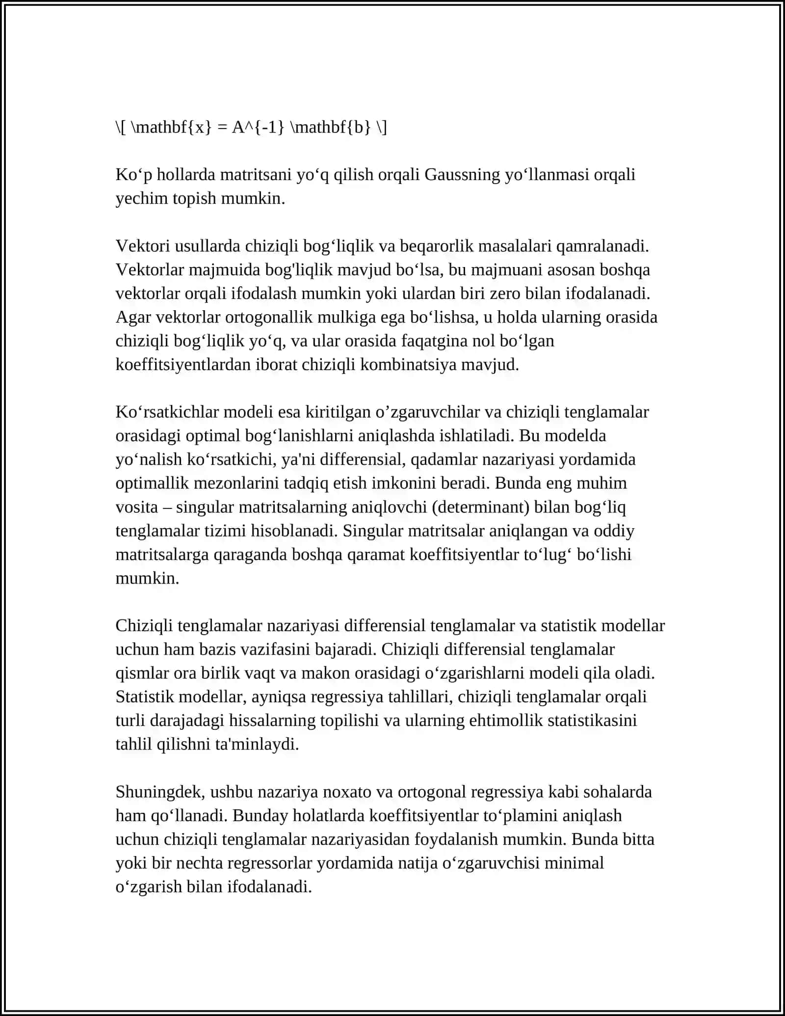 CHZIQLI TENGLAMALAR YECHISHNING MATRISA USULI 4
