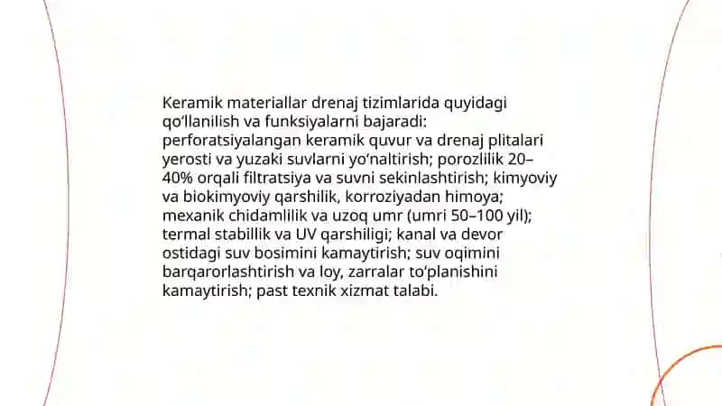Tombop devorbop drenaj va boshqa maqsadlar uchun ishlatiladigan keramik materiallar 4