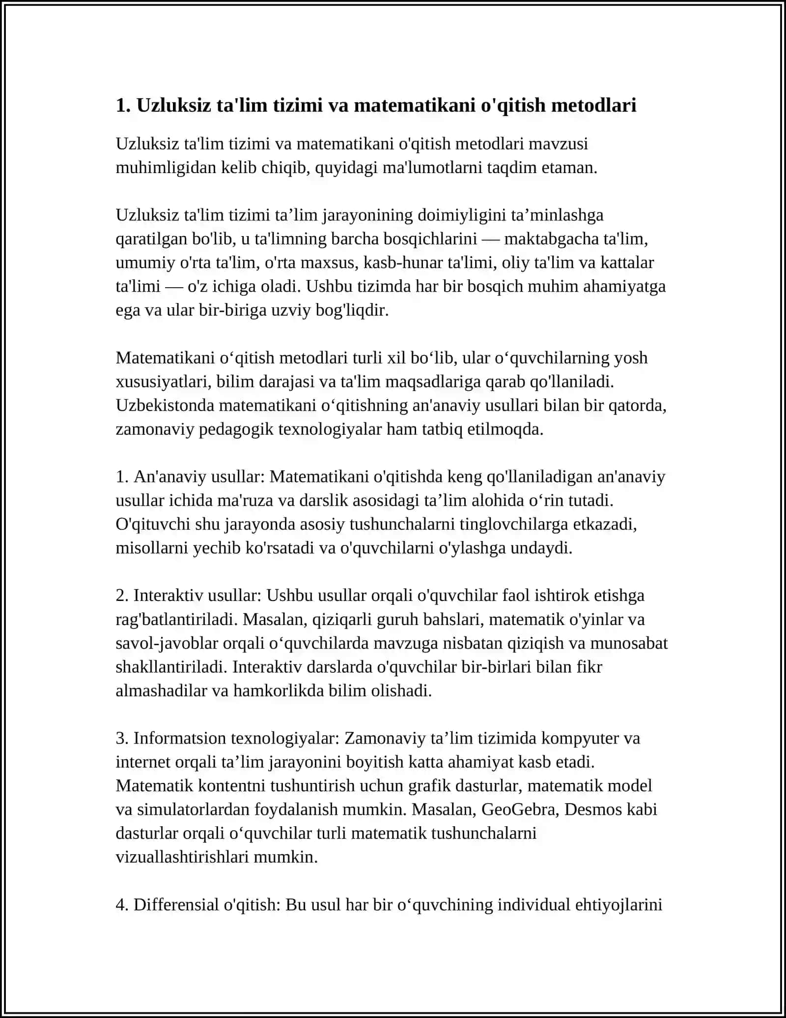 UZLUKSIZ TA'LIM TIZIMIDA MATEMATIKADAN MILLIY DASTUR, O'QUV REJA VA DARSLIKLARNI O'RGANISH 4