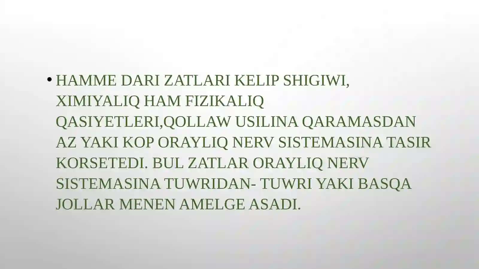 Orayliq nerv sistemasin paseytiwshi ha’zirgi kunde qollanilatugin dari zatlar farmakologiyasi 4