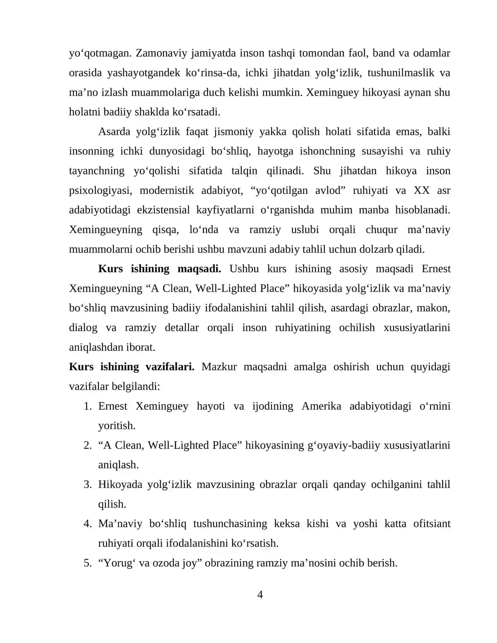 “ERNEST XEMINGUEYNING “A CLEAN, WELL-LIGHTED PLACE” HIKOYASIDA YOLG‘IZLIK VA MA’NAVIY BO‘SHLIQ” 4