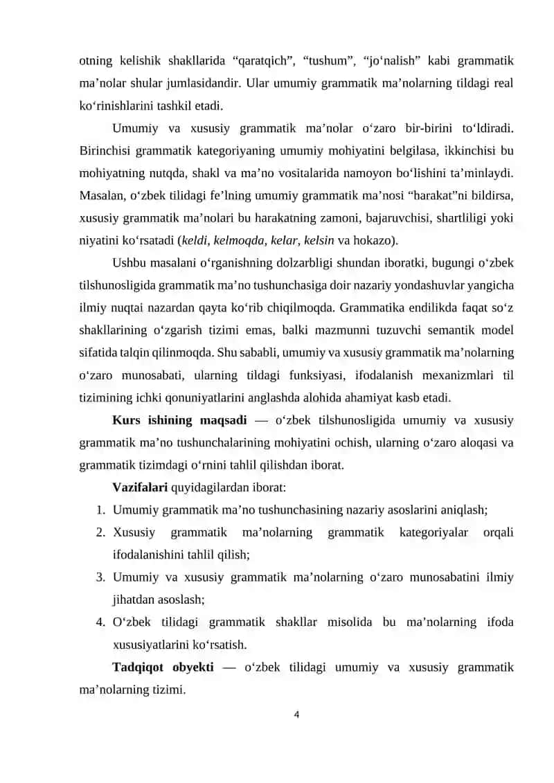 OʻZBEK TILSHUNOSLIGIDA UMUMIY VA XUSUSIY GRAMMATIK MA'NO TAVSIFI 4