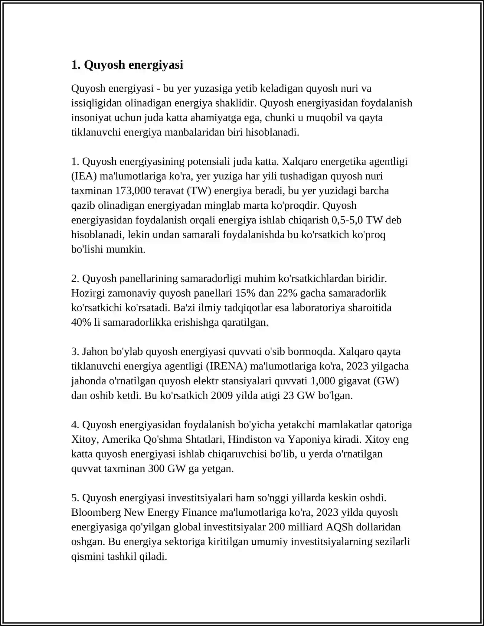 NOANʼANAVIY VA QAYTALANUVCHI ENERGIYA MANBALARI HAMDA ULARNING DUNYO MAMLAKATLARIDA QOʻLLANILAYOTGAN TURLARI 4