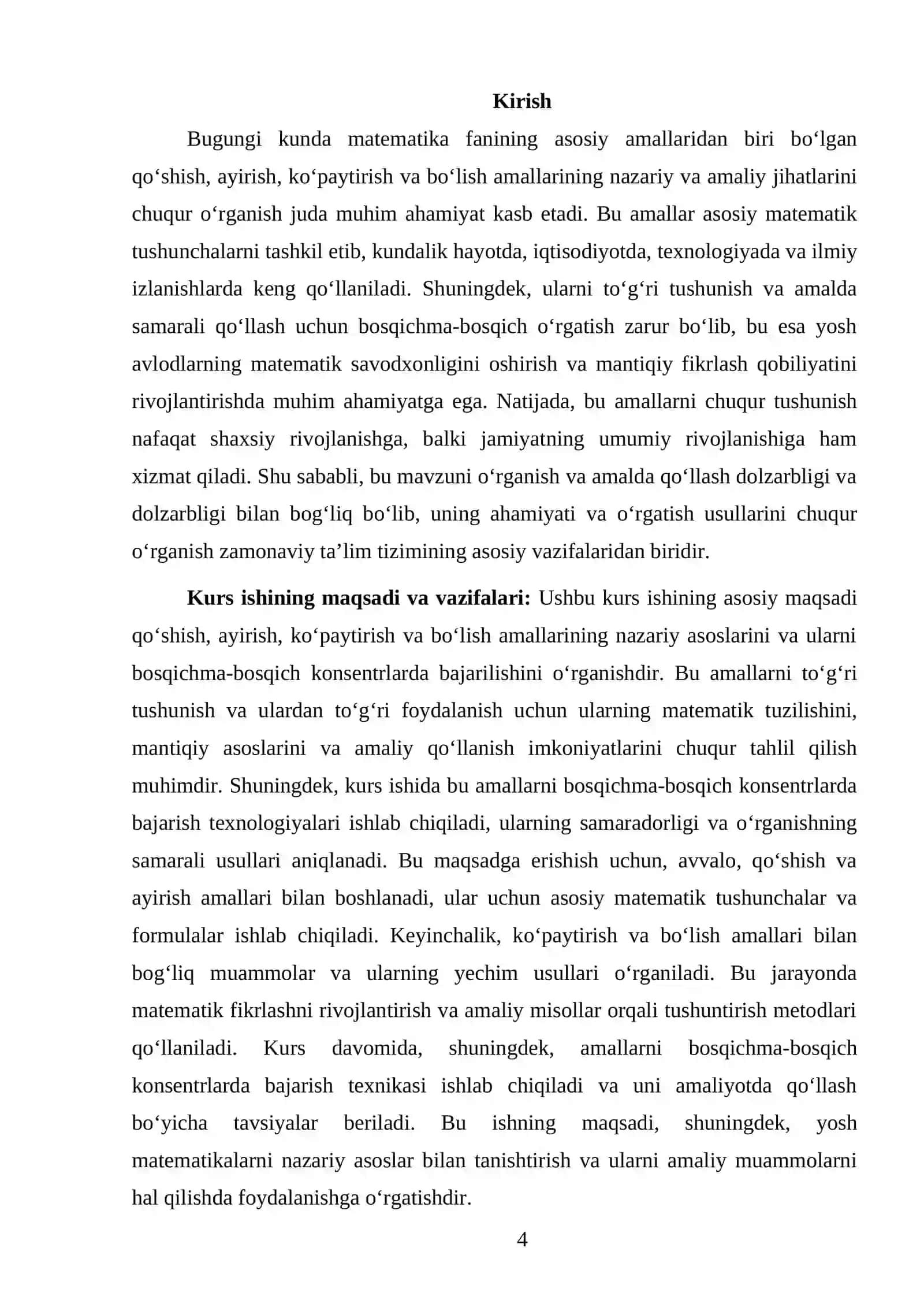 QOʻSHISH VA AYIRISH, KOʻPAYTIRISH VA BOʻLISH AMALI MA'NOSINI OCHIB BERISH HAMDA UNI BOSQICHLAB KONSENTRLARDA BAJARILISHINI OʻRGATISH 4